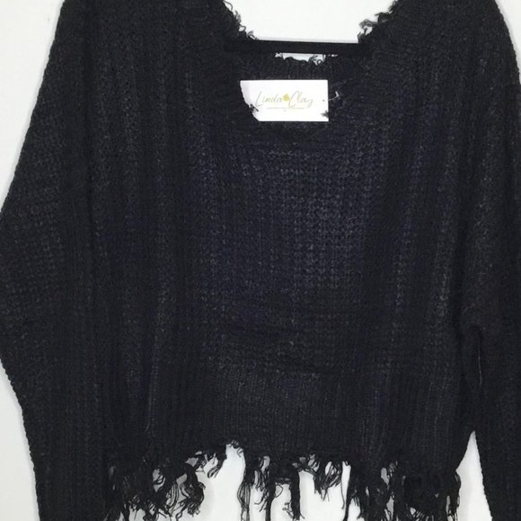 Women Long Sleeve Distressed Fall Sweater Pullover Black - Picture 3 of 3